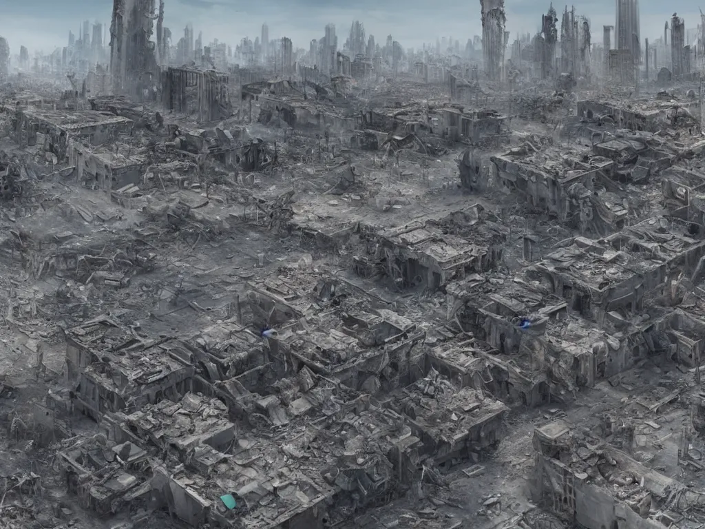 Prompt: A matte painting of a realistic destroyed urban city,featured on ArtStation, realistic colors,Super wide angle,viewed from very far away,Daytime,Flat roads,Geometrically realistic