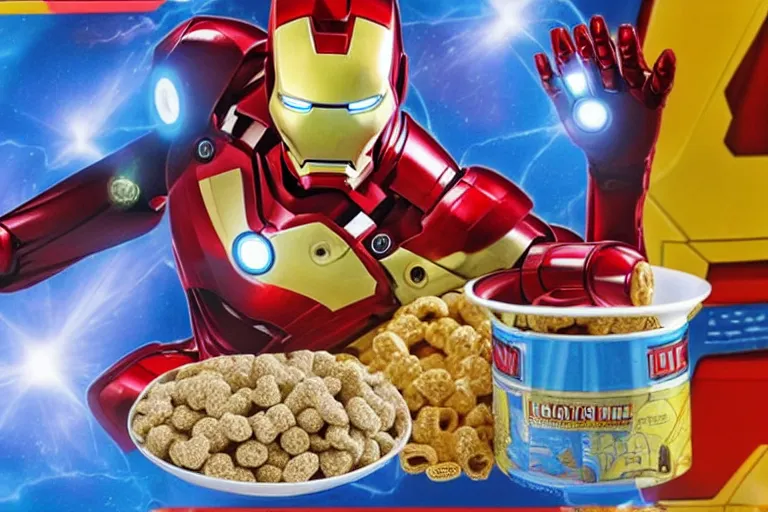 Image similar to mid product still of Ironman cereal with a box and a bowl of glowing reactor core o’s, 4k, red and gold