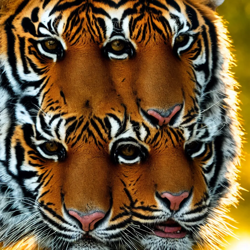 Prompt: Photo of a tiger at golden hour, backlight, portrait, national geographic, close up, 85mm lens