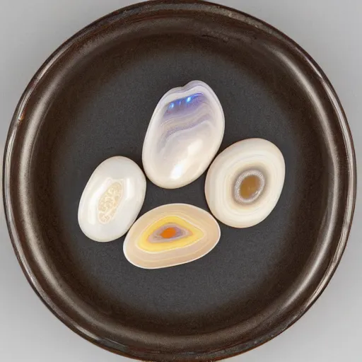 Image similar to a studio portrait of banded agates with letters in the banding white background