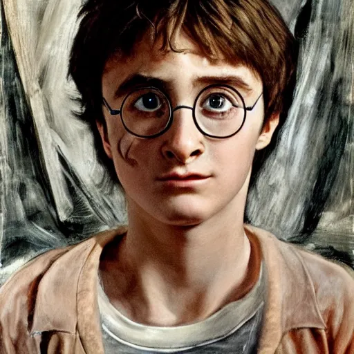 Prompt: young Harry Potter watching Harry Potter and the Deathly Hallows on old TV by Lucian Freud and Jenny Saville, oil painting, anatomically correct, beautiful perfect face, visible brushstrokes, sharp focus, Highly Detailed, Cinematic Lighting, 8k, HD