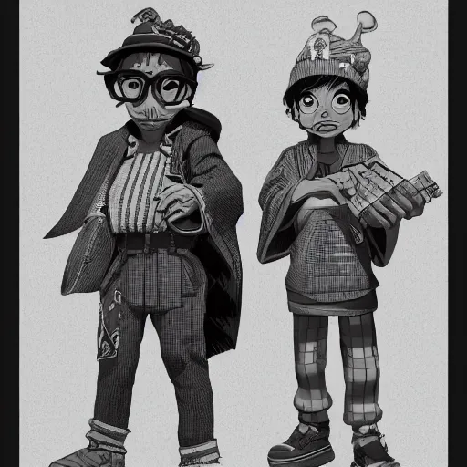 Image similar to rpg character concept art, twin brothers being cute and gangsta, intricate detail, in the style of jamie hewlett kawase hasui riyoko ikeda, 3 d render, artstation trending, 8 k, octane render, photorealistic, sharp detail, manga, black and white