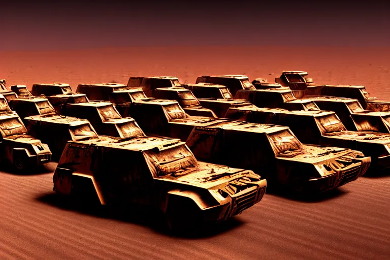 Image similar to photo of a convoy of cyberpunk vehicles moving through a star lit desert, dystopian, grimy, rusted