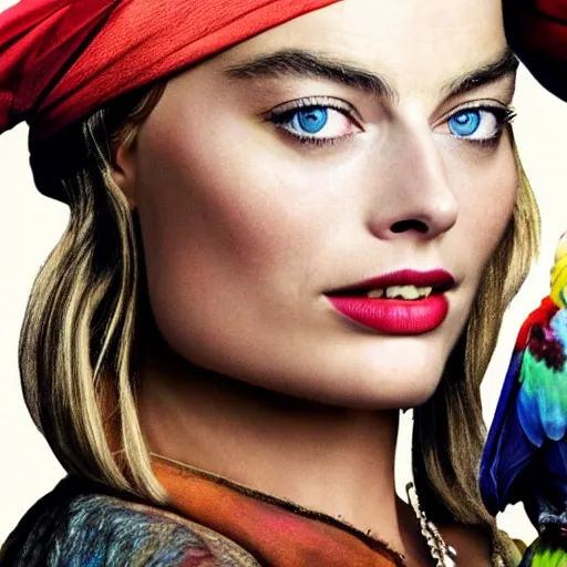 Image similar to margot robbie as jack sparrow with a parrot on the shoulder, realistic portrait, 8k resolution, hyper detailed, studio lighting, cinematic