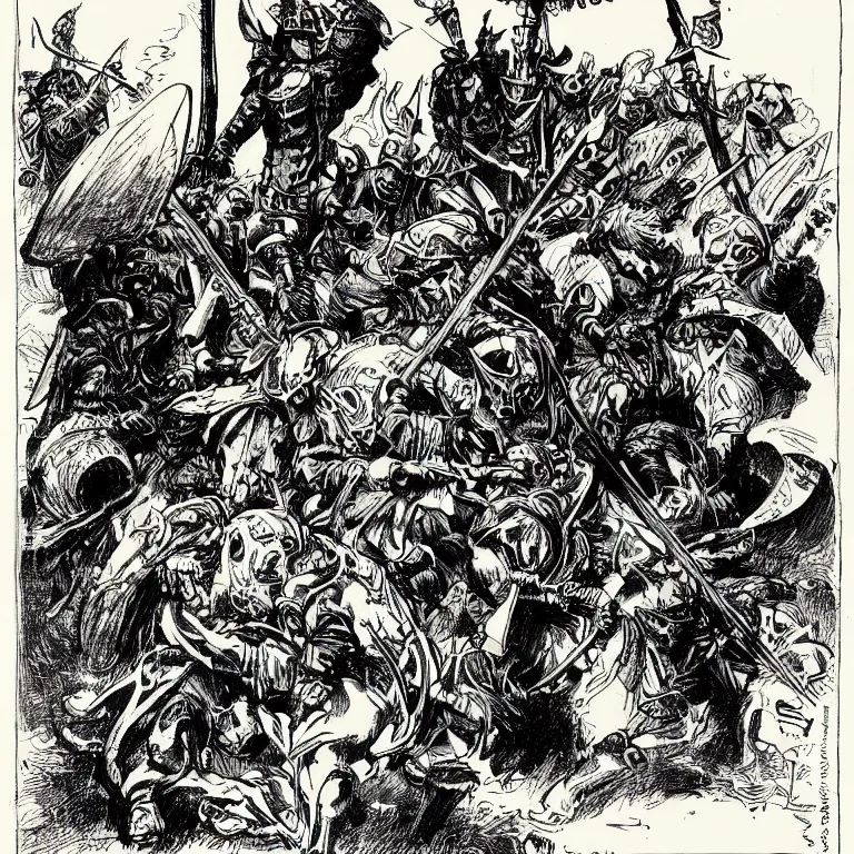 Image similar to a walther caspari illustartion in lustige blatter in 1 8 9 9 of a barbarian armored with swords and metal skulls, black and white pen an ink drawing