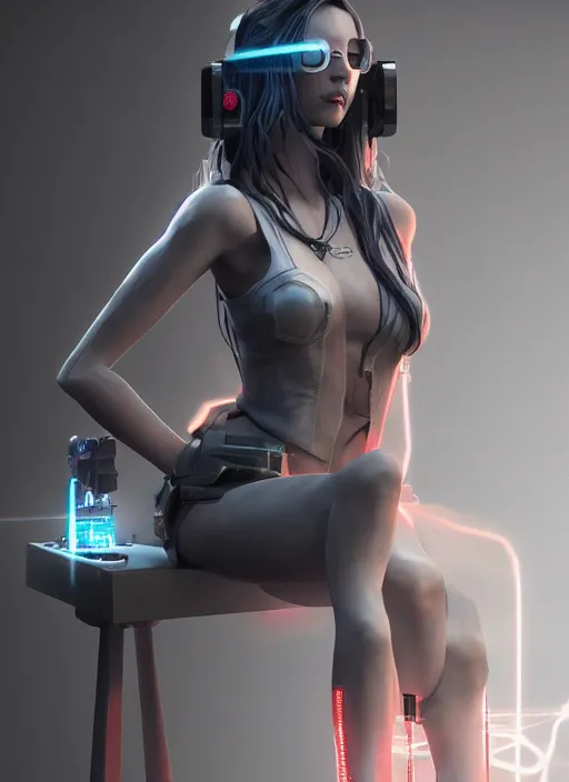 Image similar to a beautiful girl sitting on a stool in a dark room with laser light, cyberpunk, dynamic lighting, high detail, concept art, artstation, zbrush by Paolo Eleuteri Serpieri