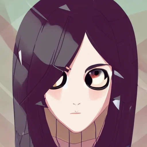 Prompt: portrait of a beautiful korean girl with very long hair and bangs, angular features, angry expression, wearing a black hoodie, in the style of studio trigger, extremely clean lines, anime and manga style