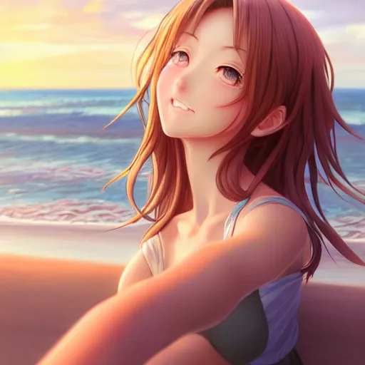 Image similar to beautiful serene intricate very detailed portrait of a realistic anime girl taking a selfie, smiling softly, wearing casual clothes, relaxing on the beach, golden hour, soft focus, 8 k, art by irakli nadar, hyperrealism, hyperdetailed, ultra realistic