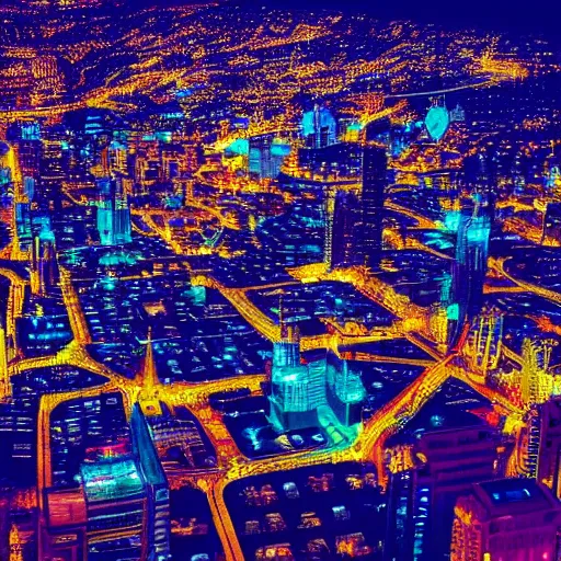 Prompt: an aerial view of a city at night, instagram contest winner, maximalism, glowing lights, vivid colors, circuitry