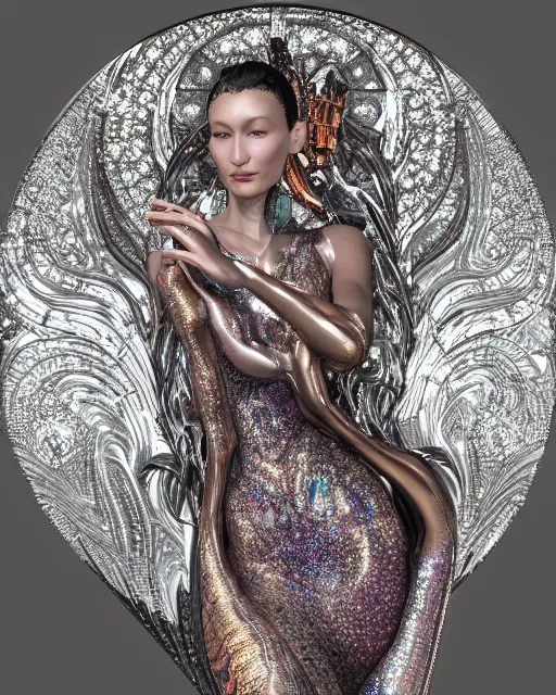 Image similar to a highly detailed metahuman 4 k close up render of an alien goddess bella hadid monument jibaro renaissance in iris van herpen dress schiaparelli in diamonds crystals swarovski and jewelry iridescent in style of alphonse mucha gustav klimt trending on artstation made in unreal engine 4