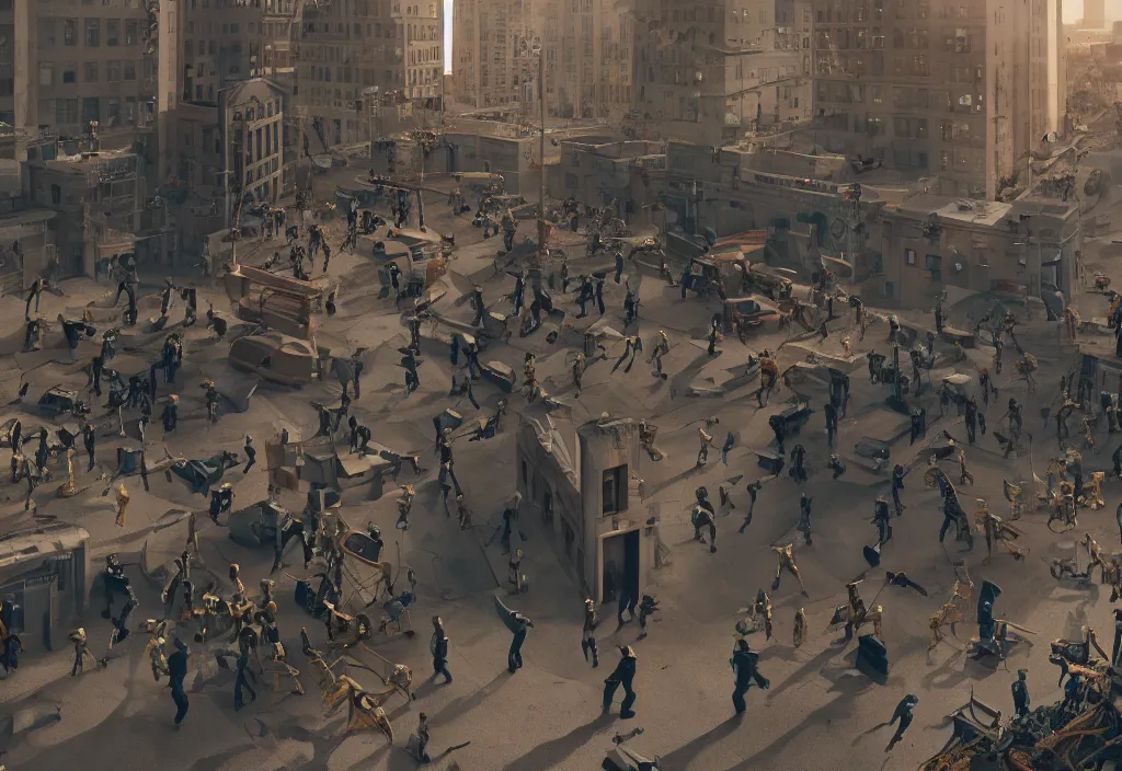 Prompt: accidentally wes anderson award - winning photograph of boston dynamics robots fighting with bureaucrats in suits in city ruins, epic battlescene, 4 k, detailed, art by greg rutkowsky, trending on artstation, cinematic lighting, filmic grain, golden hour, detailed, 4 k