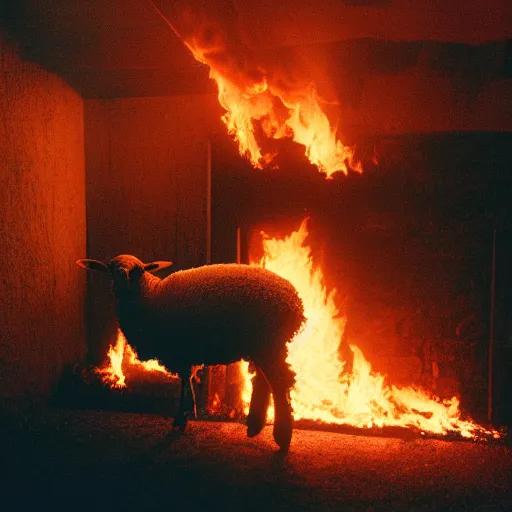 Prompt: a sheep in a burning house, cinestill 800t 50mm, photography