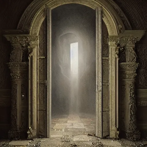 Prompt: michal karcz surrealism painting of the door beyond the void. , horror theme, detailed, elegant, intricate, 4k, Renaissance painting