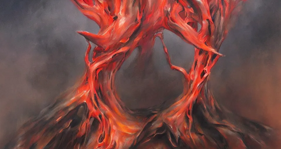 Image similar to a volcano made of ivory vines and crimson rocks enters in eruption, it spits a smoke in the shape of demonic eye, by Emilia Wilk