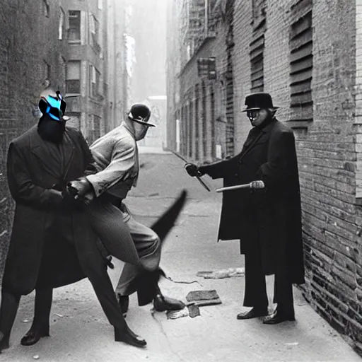 Image similar to old black and white photo, 1 9 2 5, depicting batman fighting a al capone in an alley of new york city, rule of thirds, historical record