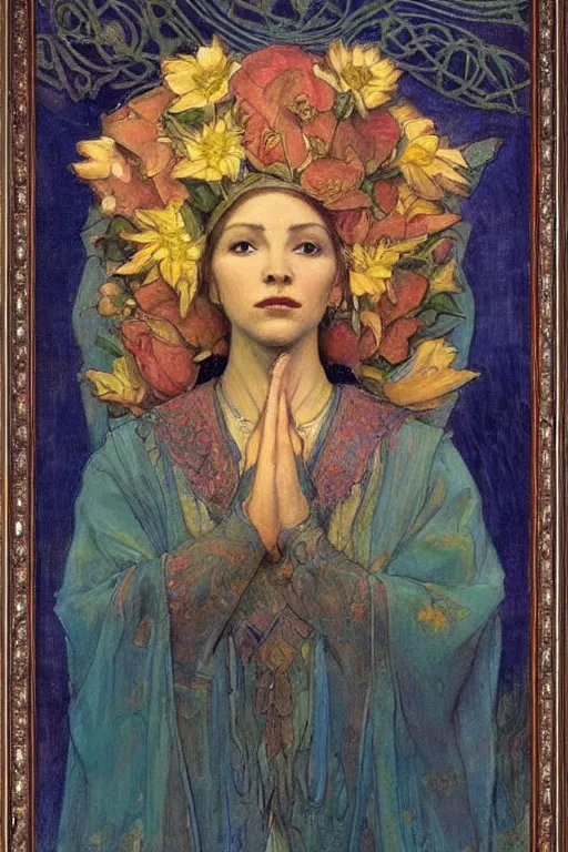 Prompt: queen of flowers by Annie Swynnerton and Nicholas Roerich, strong dramatic cinematic lighting , ornate headdress , flowing robes, lost civilizations, smooth, sharp focus, extremely detailed