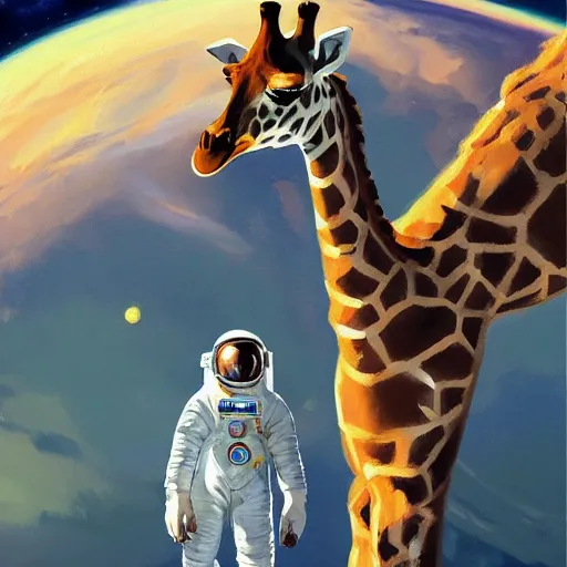 Image similar to a giraffe dressed like an astronaut floating in space with the earth in the background, trending on artstation, art by greg manchess, guangjian, detailed digital art, artstation hd