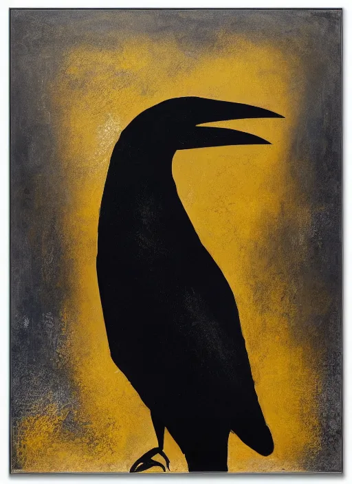 Image similar to art, crow, award - winning painting, abstract painting, gold and silver shapes, elegant, luxurious, beautiful, pitch black background, chiaroscuro