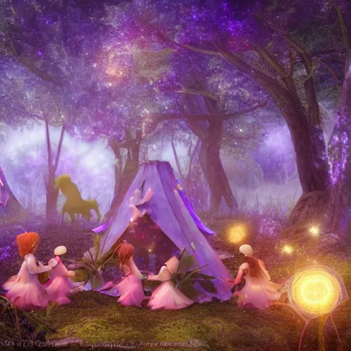 Image similar to fairies meeting in enchanted forest, starry night, art station inspired, octane render, 8 k, - hd