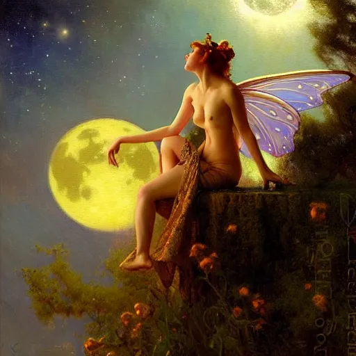 Image similar to attractive fairy magically floating high in the night, fantasy, full moon in background. highly detailed painting by gaston bussiere, craig mullins, j. c. leyendecker, sharp focus, 8 k