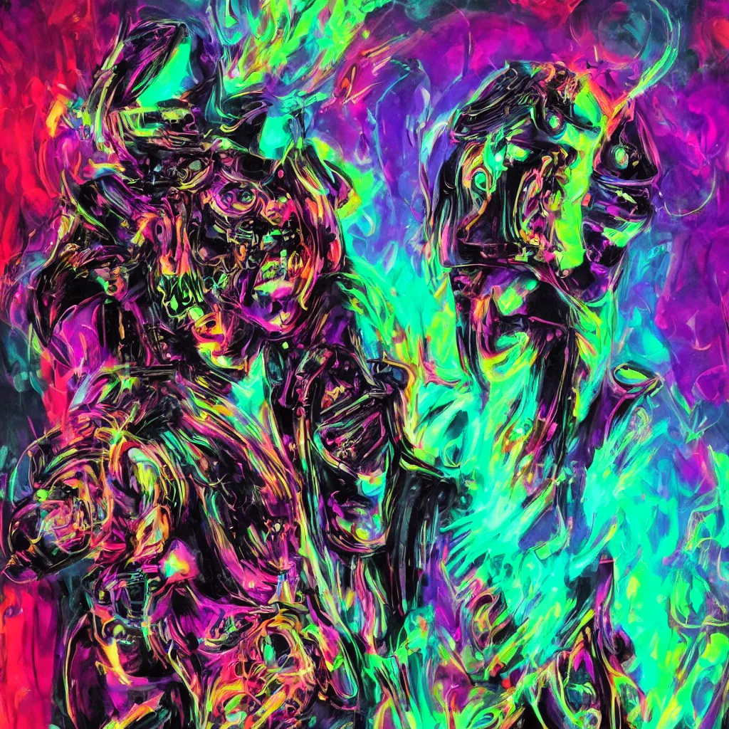 Image similar to psychedelic cyberpunk demon painting, rocking out, headphones DJ Rave