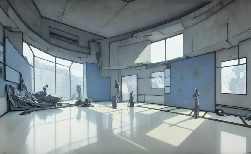 Image similar to painting of a wide angle interior shot of a white concerete brutalist museum with modern contemporary art on the wall with glossy floor by darek zabrocki and greg ruthkowski, alphonse mucha, simon stalenhag and cinematic and blue cold atmospheric, archillect concept art, artstation, trending on artstation