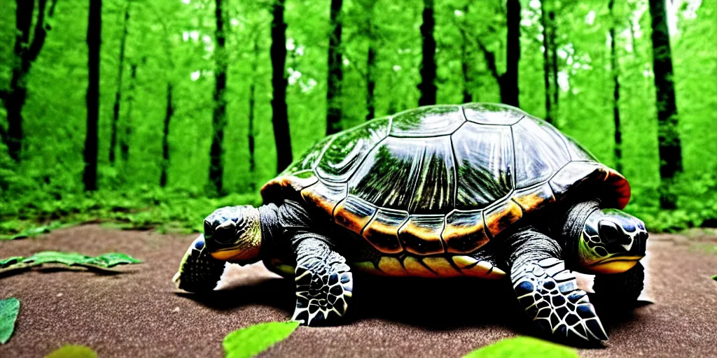 Image similar to a humongous turtle, forest growing on its shell