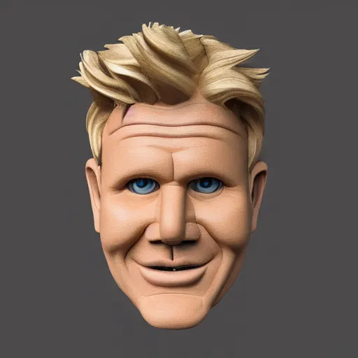 Prompt: A wooden mask of Gordon Ramsay\'s face, 3D render, studio lighting, 45-degree angle