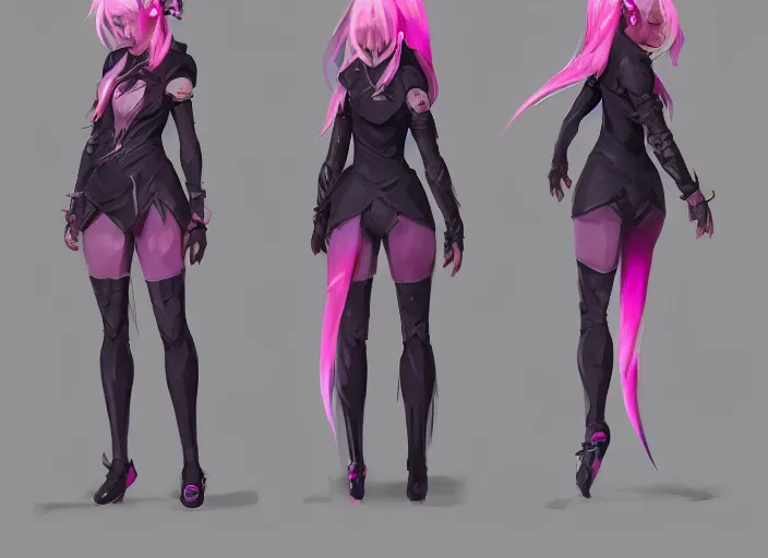 Image similar to character sheet for a beautiful and cute girl for genshin impact by greg rutkowski, black to light pink fade hair, genshin impact style, overwatch style, sorcerer magic witch, digital art, trending on artstation, hd, 8 k, highly detailed, good lighting, beautiful, masterpiece