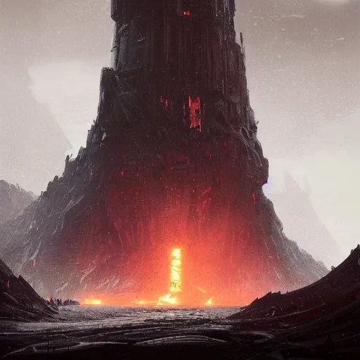 Prompt: star wars concept art by greg rutkowski, a palatial and imposing grey wide tower emerging from the lava in the middle of a lava rocky landscape, enigmatic atmosphere, beautiful and cinematic lighting, artstation hq.