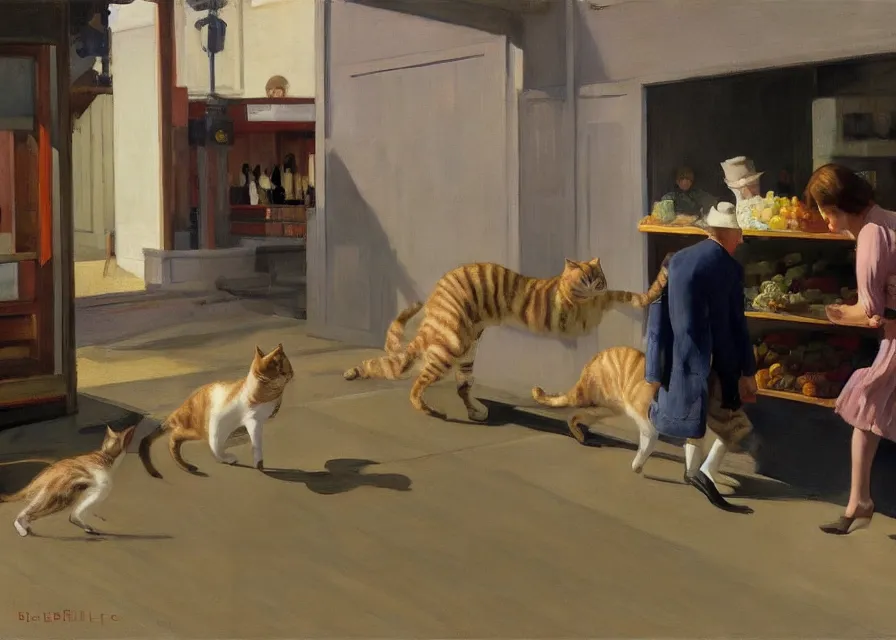 Image similar to a brownish gray tabby cat walking on its hind legs like a human shopping at costco, american realism style, edward hopper, george bellows, bo bartlett, jamie wyeth