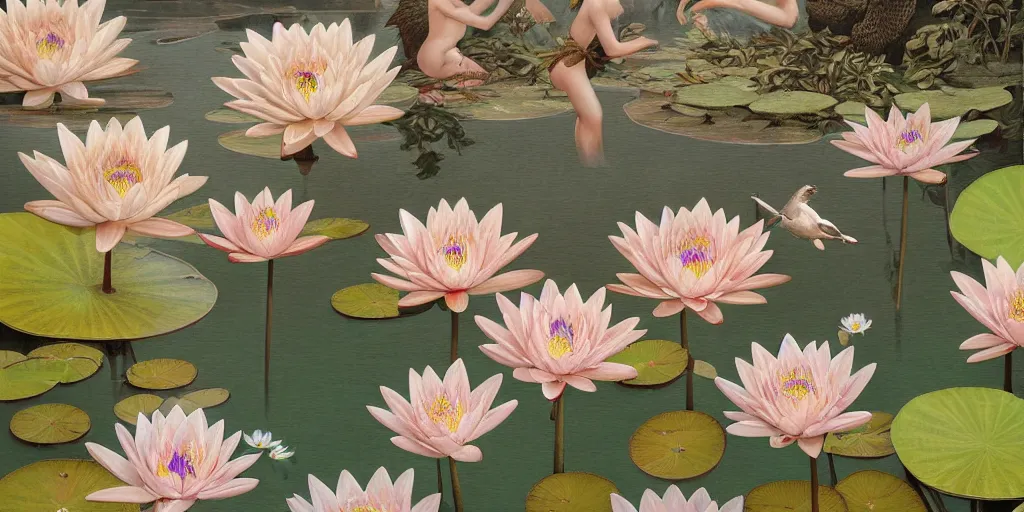 Prompt: breathtaking detailed concept art painting art deco pattern of blonde faces goddesses amalmation water lily flowers with anxious piercing eyes and blend of flowers and birds, by hsiao - ron cheng and john james audubon, bizarre compositions, exquisite detail, extremely moody lighting, 8 k