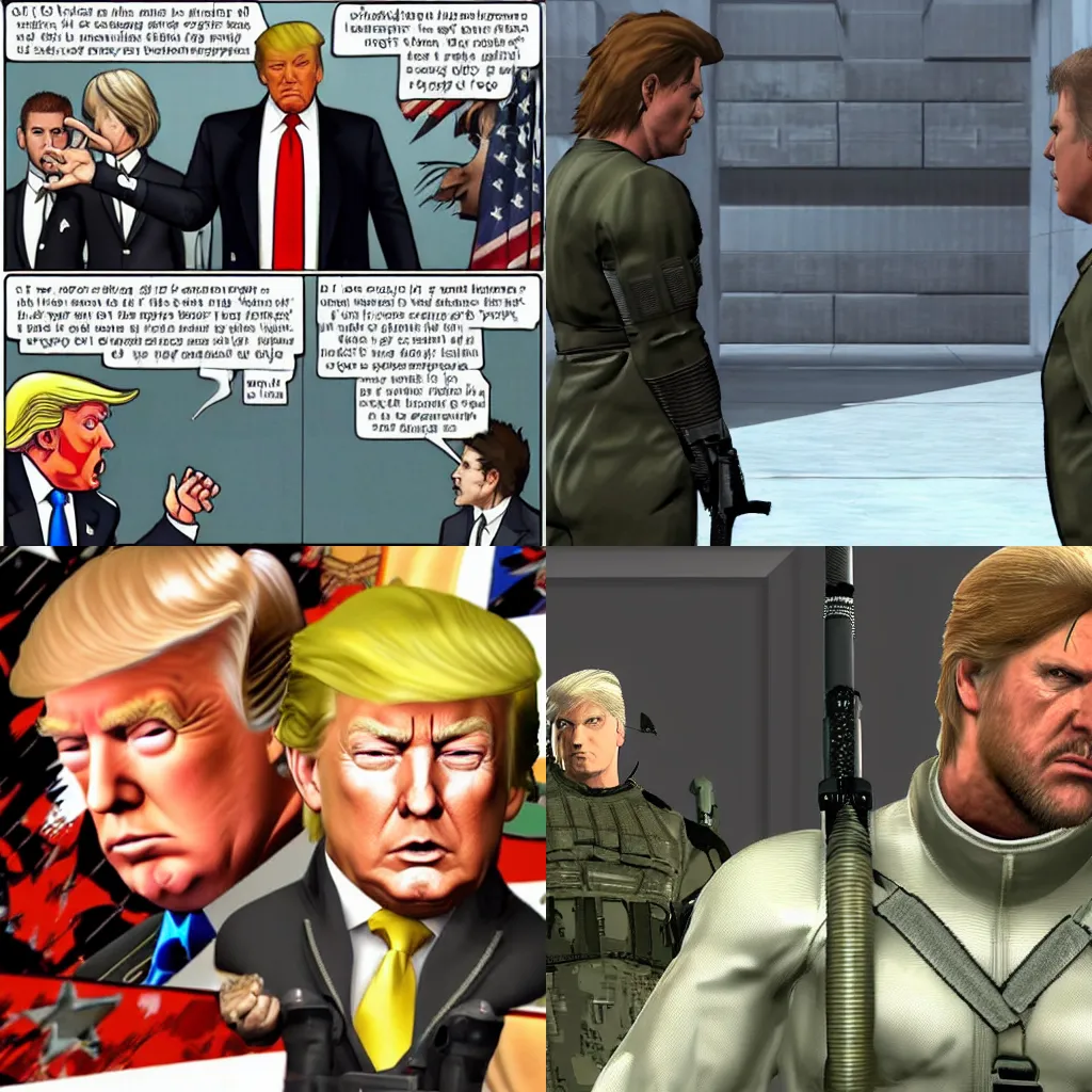 Prompt: Donald trump talking to solid snake, metal gear solid ps2 game screenshot