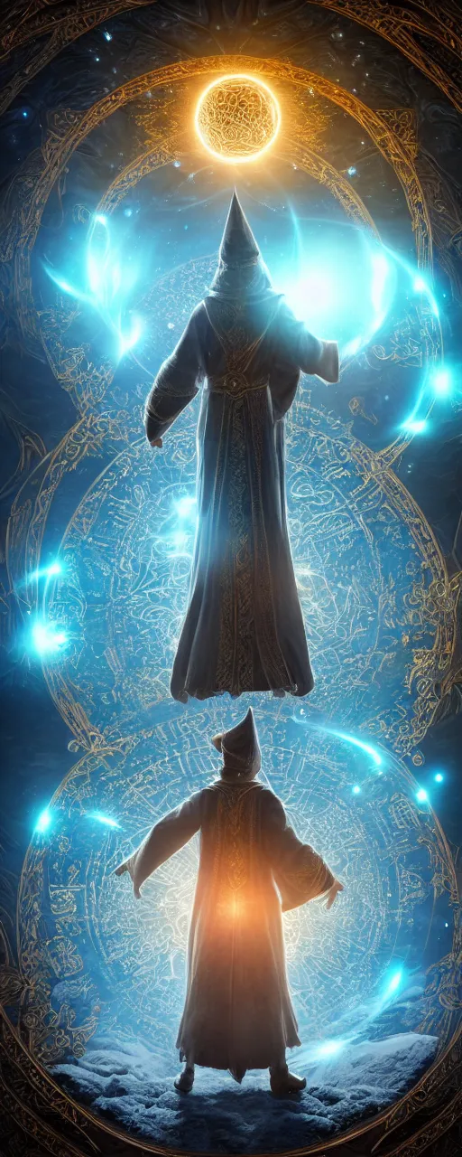 Prompt: Portrait of a powerful wizard surrounded by a circular array of glowing elemental magic orbs, the wizard is standing in front a scenic landscape of snowcapped mountains, intricate details, photo realistic, award winning, dramatic lighting, intricate details, award winning, depth of field, UHD 8K