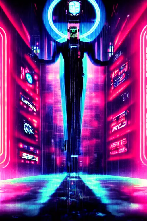 Image similar to cruxifiction of the technochrist, cyberpunk, bladerunner, rain, neon, holy, sacrifice, future, neo testament, video artifacts