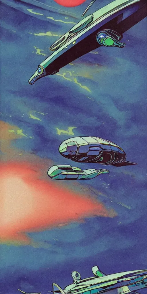 Prompt: a relaxing cinematic water colour of a solarpunk spaceship by roger dean in the style of art - deco art, very, very aesthetic