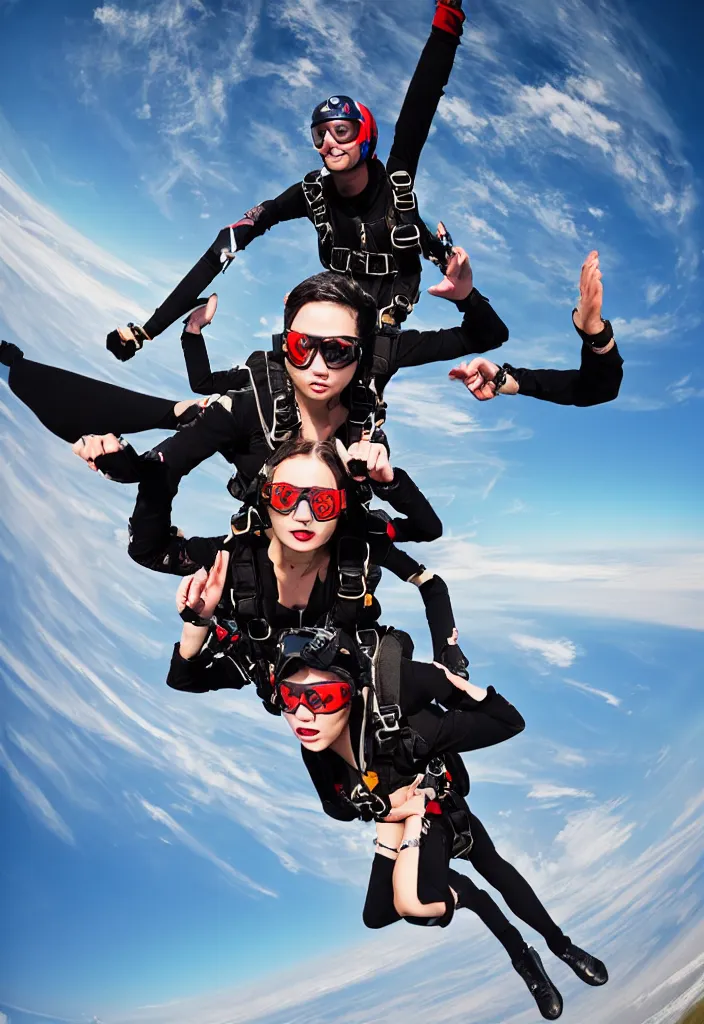 Image similar to fashion editorial skydive. wide angle shot. highly detailed.
