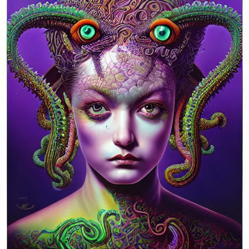Prompt: purple - eyed girl with tentacles on her head, photo realistic, face enhanced, detailed and intricate by alex grey, lisa frank, ayami, kojima, amano, karol bak, greg hildebrandt, mark brooks,, takato yamamoto, beksinski