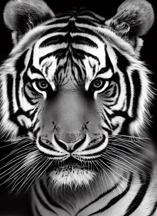 Image similar to a black and white photo of a tiger, a photorealistic painting by christian w. staudinger, behance, hyperrealism, hyper realism, majestic, wallpaper