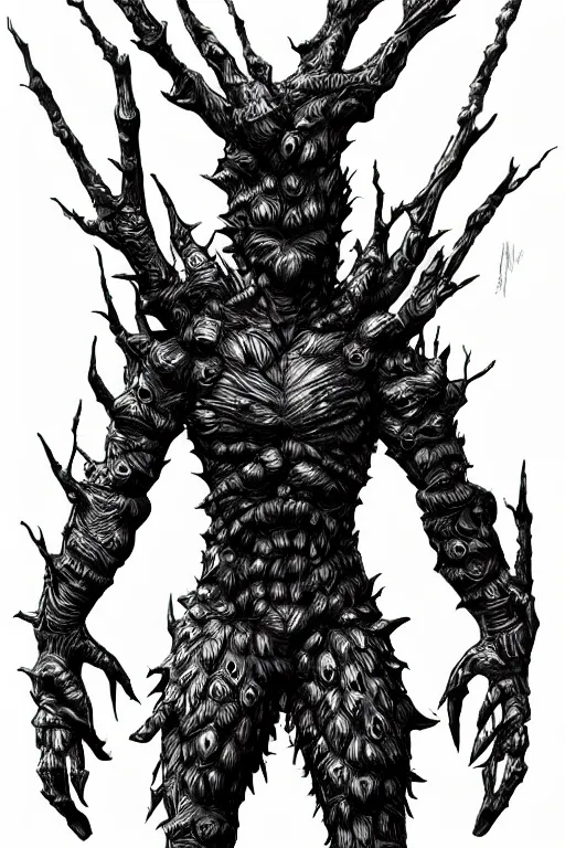 Image similar to armoured tree human figure monster, symmetrical, highly detailed, digital art, tree armour, sharp focus, trending on art station, kentaro miura manga art style