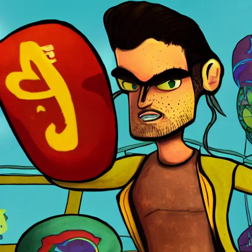 Image similar to character screenshot of ufc sean o'malley in psychonauts, rainbow dreadlocks, ps 3 video game, dream world, 7 2 0 p, cutscene, cartoony designed by scott campbell