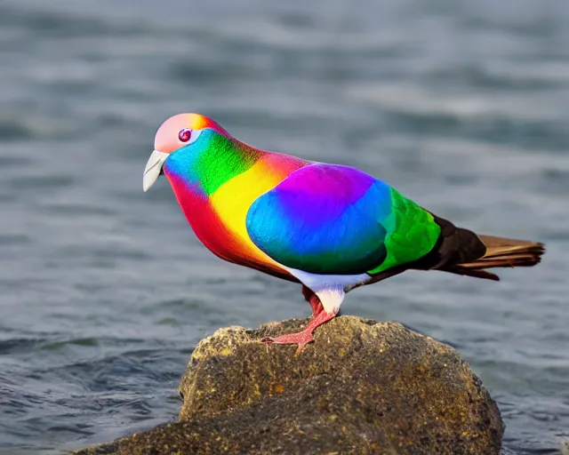 Prompt: rainbow pigeon with scallop on the head, realistic photo