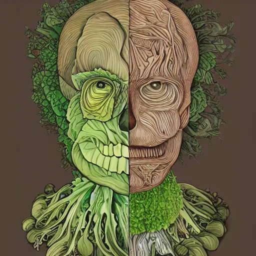 Image similar to the anatomy of a head of lettuce that looks like a handsome man, an ultrafine detailed painting by james jean, intricate linework, full color, studio ghibli, behance contest winner, vanitas, angular, altermodern, unreal engine