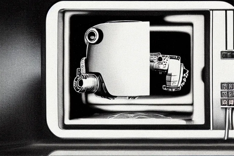 Prompt: retro robot sticking her head inside of a microwave, from 1985, bathed in the glow of a crt television, low-light photograph, in the style of jack bridgeland