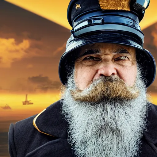 Image similar to a old man in officer suit of russian empire, gray hair and beard, giant yellow dieselpunk ship on background, colored, photorealistic, high detailed, smooth, sharp focus, real life photo, face details, highfleet, 4 k