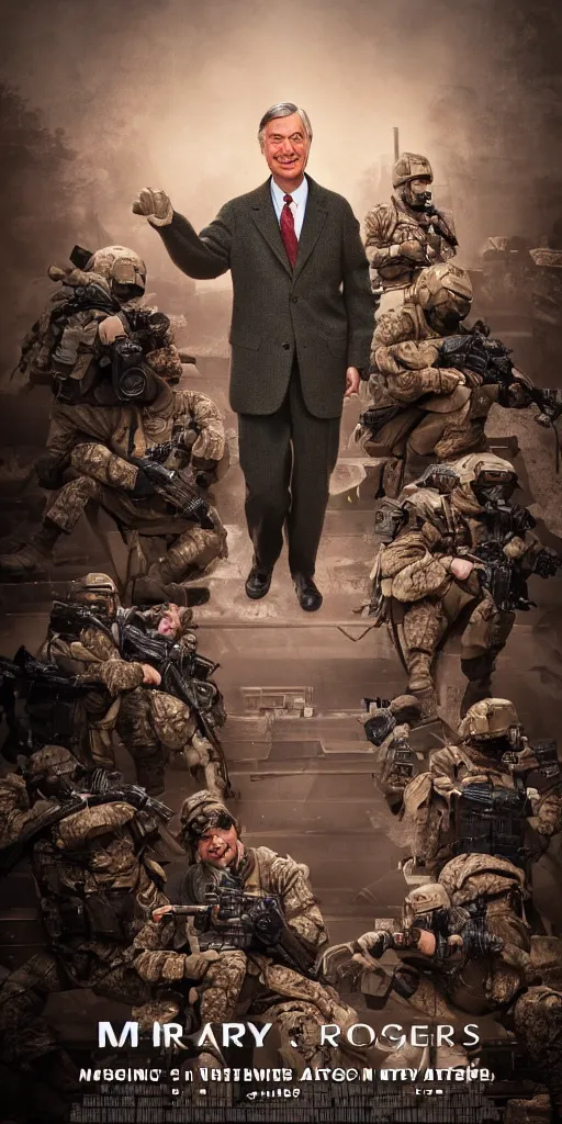 Image similar to mr. rogers in military gear looking tough, action movie poster, intricate, hyper detailed, accent lighting, dramatic light, 4 k octane render