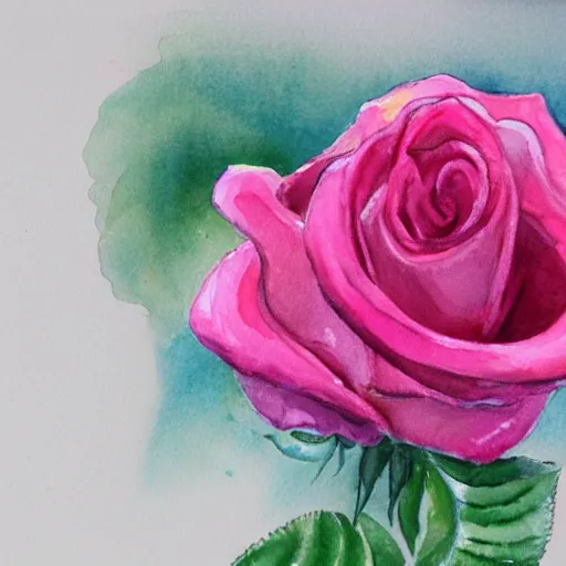 Image similar to close view of a pink rose, very bright lighting, watercolor, water paint