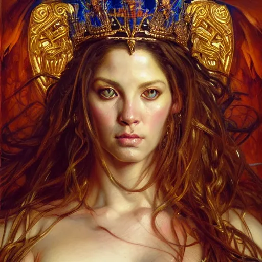 Prompt: highly detailed portrait of a majestic lioness queen in the form of a beautiful woman. d & d. art by donato giancola, eugene delacroix, ruan jia, tim and greg hildebrandt. trending on artstation, intricate details, energetic composition, golden ratio, concept art, illustration, elegant art, global illuminaition