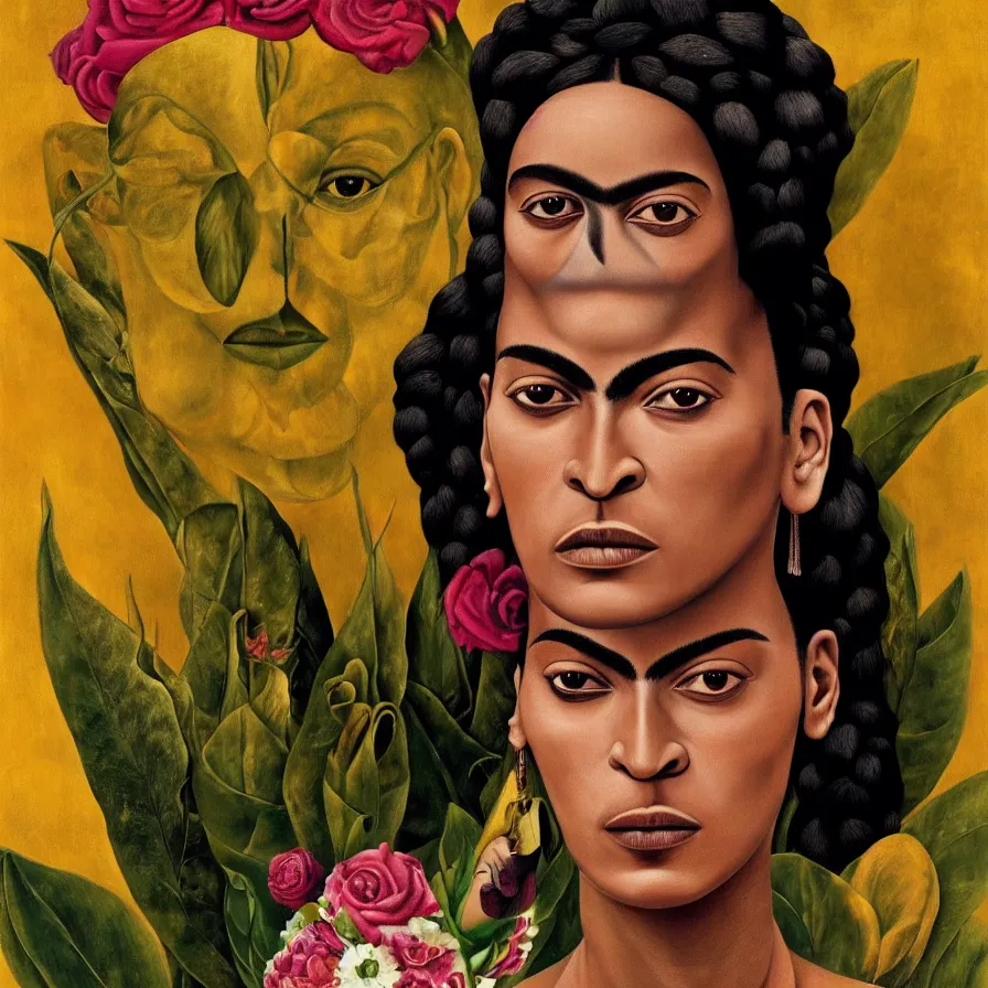 Image similar to surreal portrait of Beyoncé by Frida Kahlo, Rosa Rolanda, María Izquierdo, detailed, high quality, high resolution, surreal artistic wallpaper, HD 4K