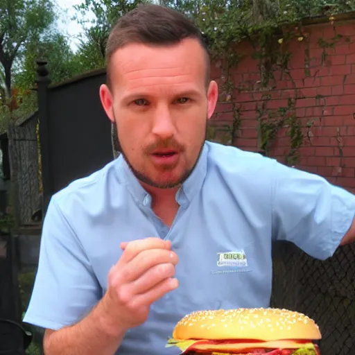 Image similar to Mike from breacking bad eating a cheese burger